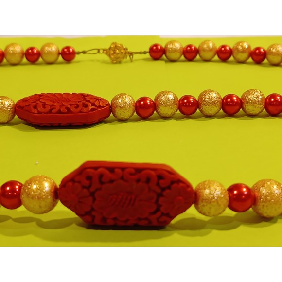 Red & Golden beaded  Cinnabar flower focus bead Necklace Bracelet Set Plus size - Picture 5 of 14